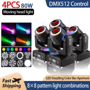 4PCS 80W LED Moving Head Light RGBW DMX512 Gobo Beam.
