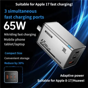 65W 3-Port GaN Fast Charger, Compact USB C Wall Charger for iPhone 8-17, Huawei, Laptop, Tablet
